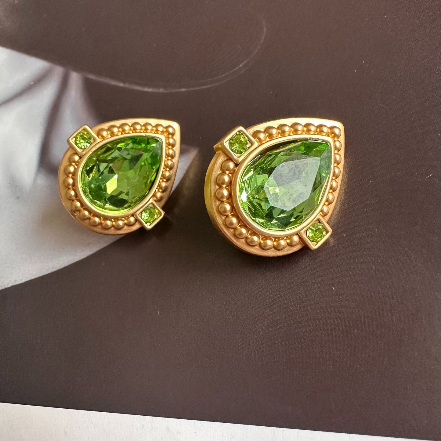 Retro Matte Brass Texture Heart Color Glass Ear Stud Earrings