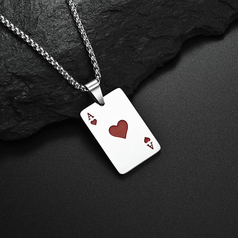 People Personality Red Peach Playing Card Tide Titanium Necklace