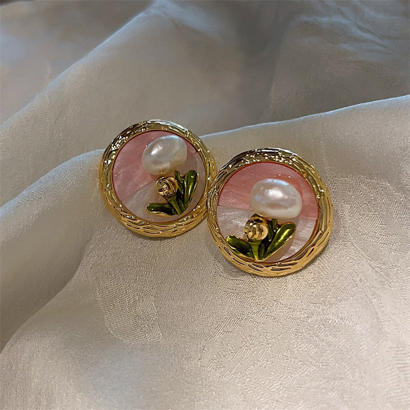 Jardin Monet Oil Painting Freshwater Pearl Flower Chinese Earrings