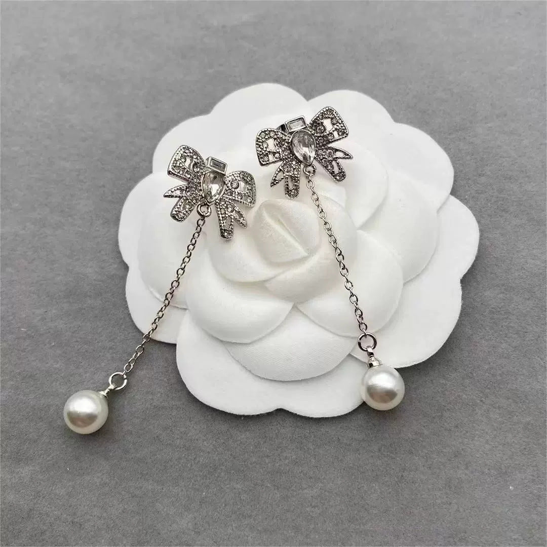 Bowknot Full Diamond Pearl Temperament Entry Earrings