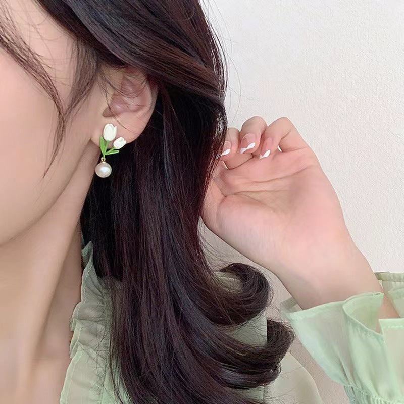 Women's Niche Design Paint Tulip Pearl Fashion Earrings