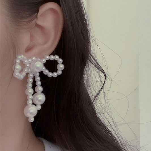 Korean Style Classic Premium Tassel Beaded Bow Pair Of Earrings