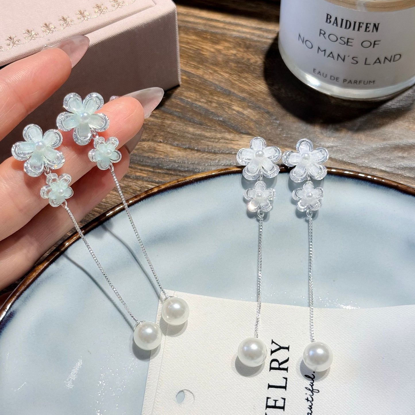 Fashion Long Double Flower Pearl Tassel Super Fairy Face Small Stud Earrings