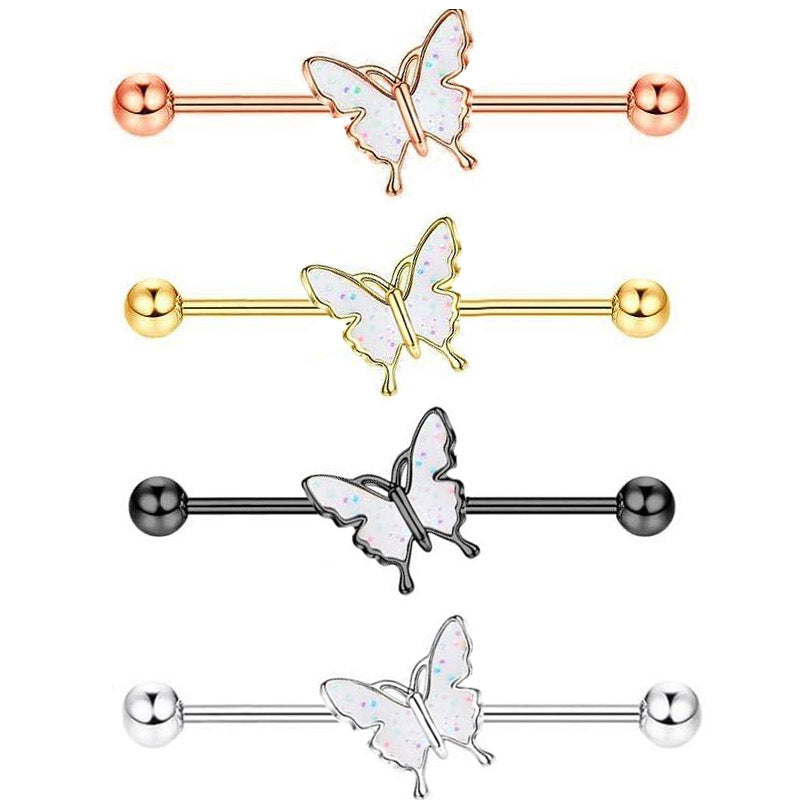 Simple Industrial Barbell Ear External Thread Piercing Dripping Butterfly Bridge Stud Earrings