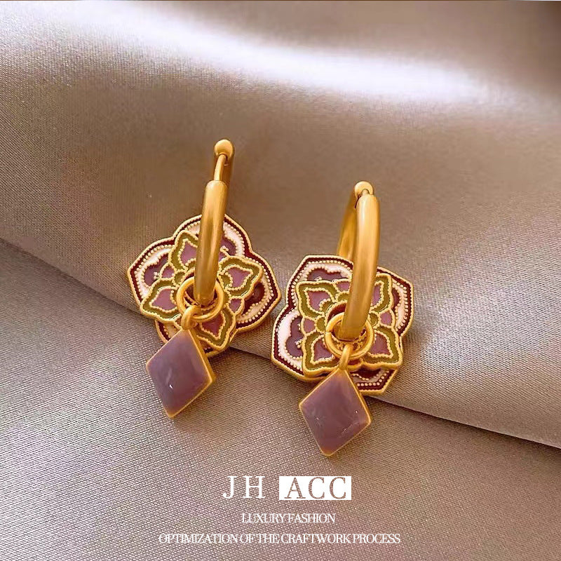 Glazed Fan-shaped Female Niche Advanced Design Multiple Ways Earrings
