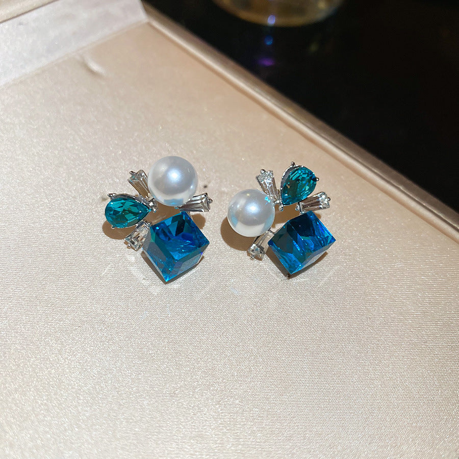 Blue Crystal Butterfly Flower Fashion Simple Fresh Light Luxury High Earrings