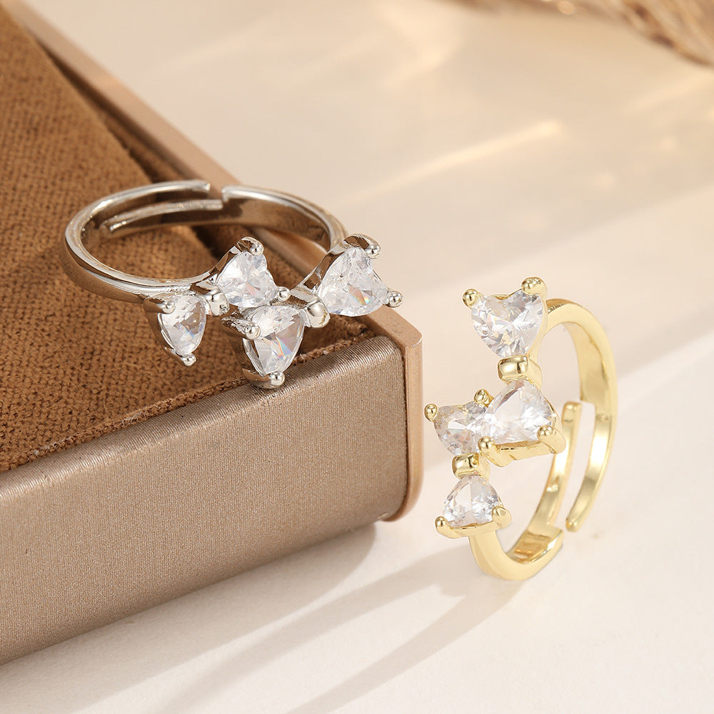 Gold Inlaid Color Zirconium Cold Wind Bow Trendy Grace Open Ring