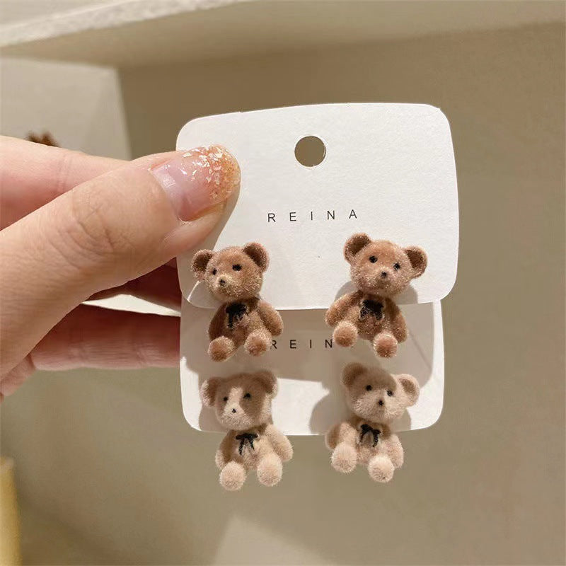 Sier Needle Korean Flocking Cute Bear Ear Simple Earrings