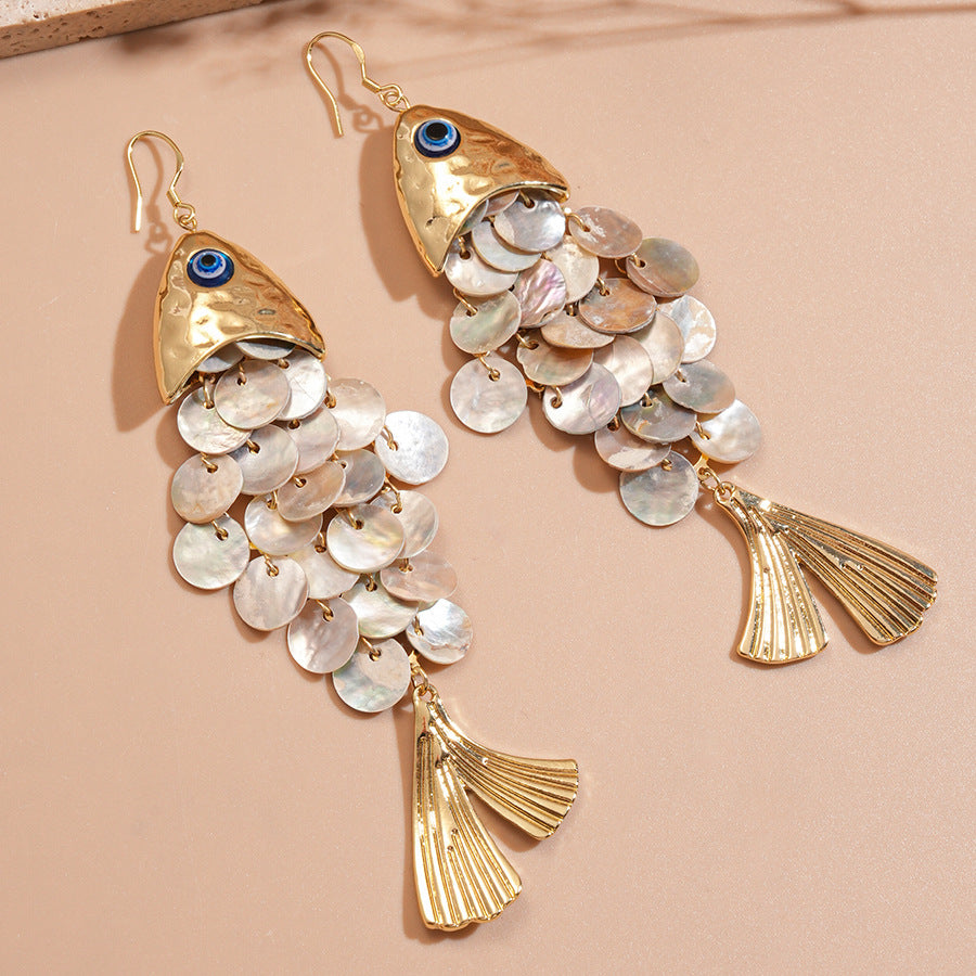 Women's Fish-shaped Shell Tassel Ear Hook Seaside Earrings