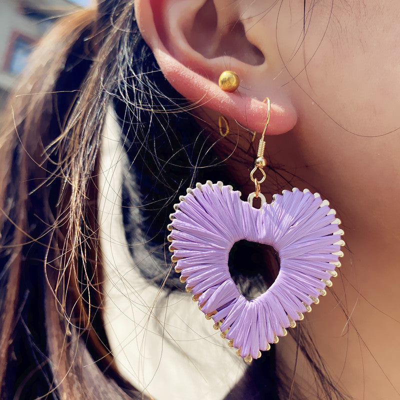 Colorful Raffia Heart Love Creative Fashion Earrings