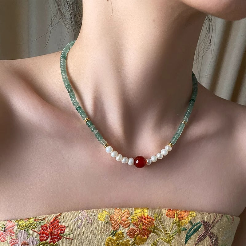 Women's Pearl Aventurine Beaded For Red Agate Necklaces