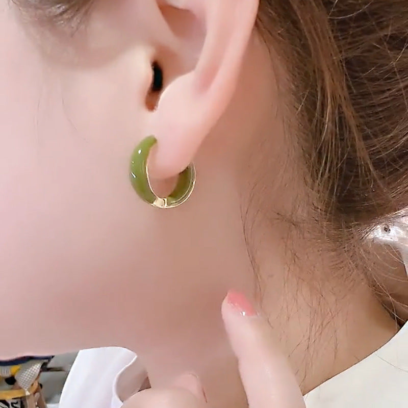 Women's Green Drip Glazed Circle Ear Clip Design High-grade Earrings