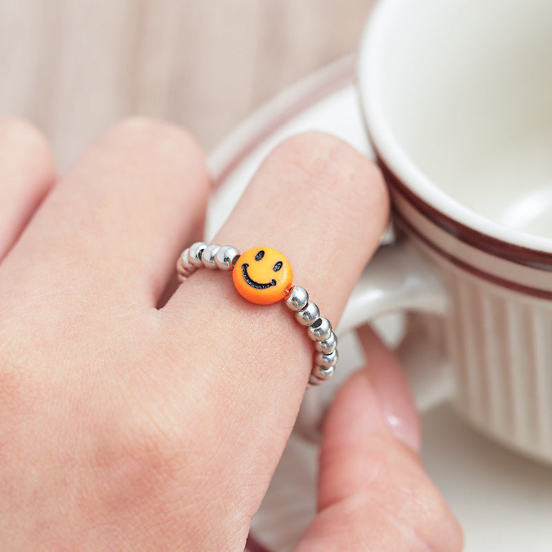 Women's Colorful Smiley Elastic Simple Beaded Index Rings