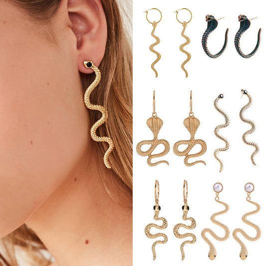 Metal Snake Retro Diamonds Punk Long Gothic Ear Earrings