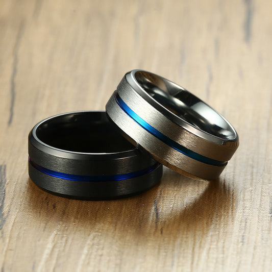 Men's Trendy Jewelry Titanium Steel Groove Blue Rings