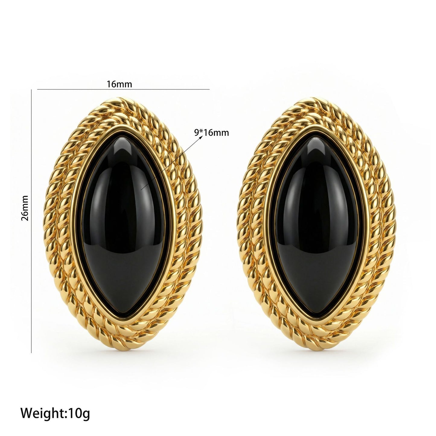 Women's Black Horse-eye Gemstone Gold-plated Stainless Steel Oval Stud Earrings