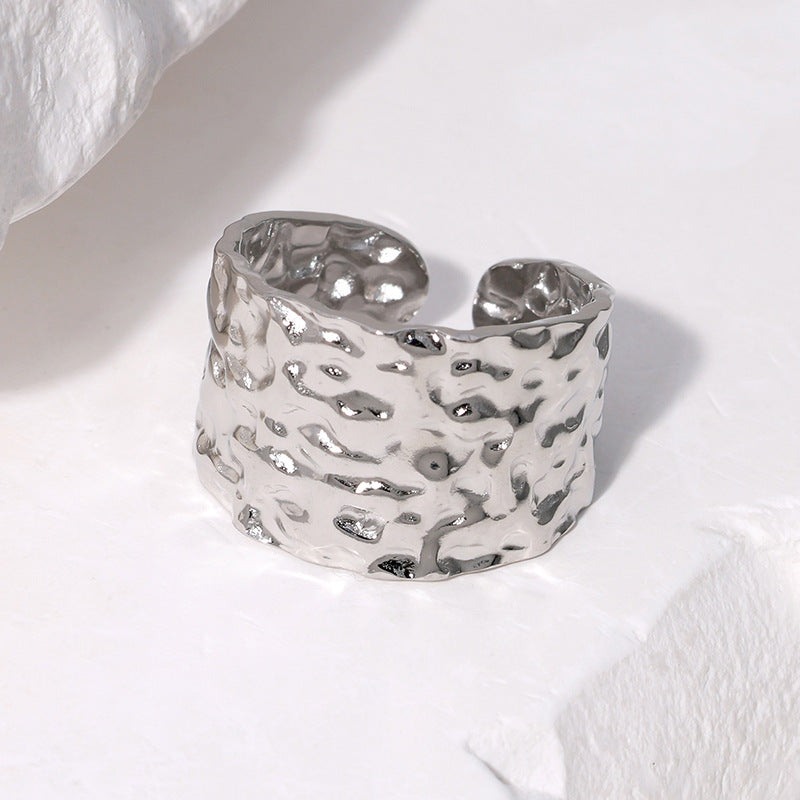Women's Steel Open-end Gold-plated Irregular Hammered Wide Punk Ring