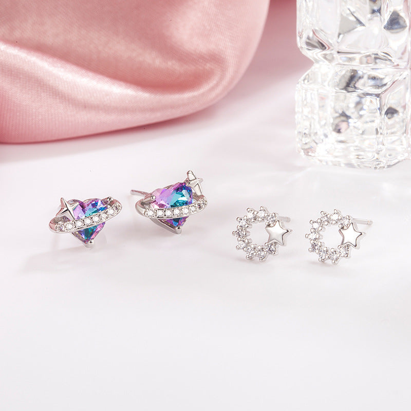 Style Saturn Colored Loving Heart Asymmetric Design Female Sweet Exquisite Stud Earrings