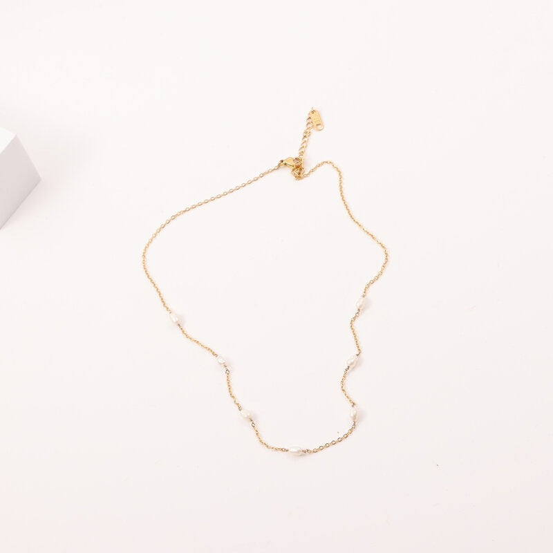 Freshwater Pearl Rice Beads Titanium Steel Electroplating Necklaces