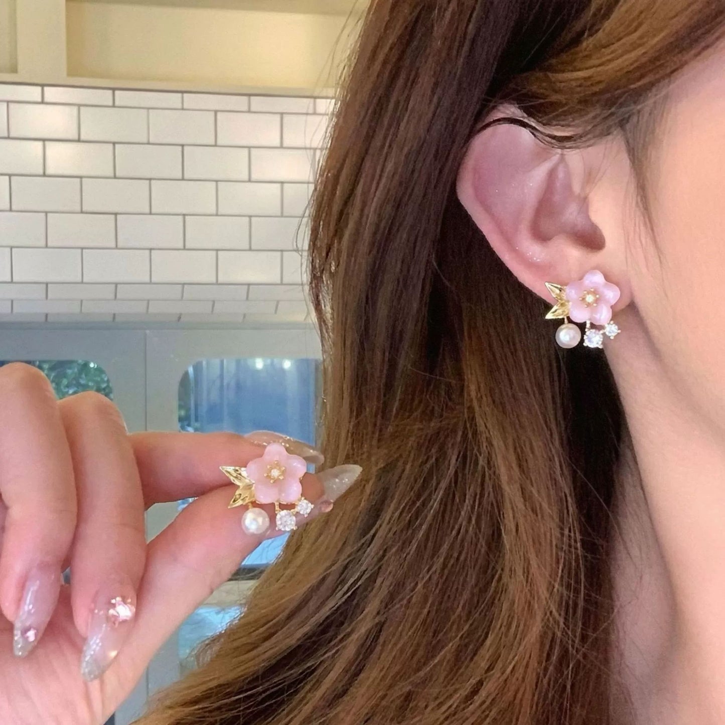Super Fairy Gentle Pink Versatile Pearl Flower Female Sweet High Stud Earrings