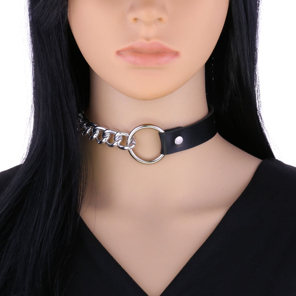 Leather Neckband Punk Metal Stitching Neck Strap Collar
