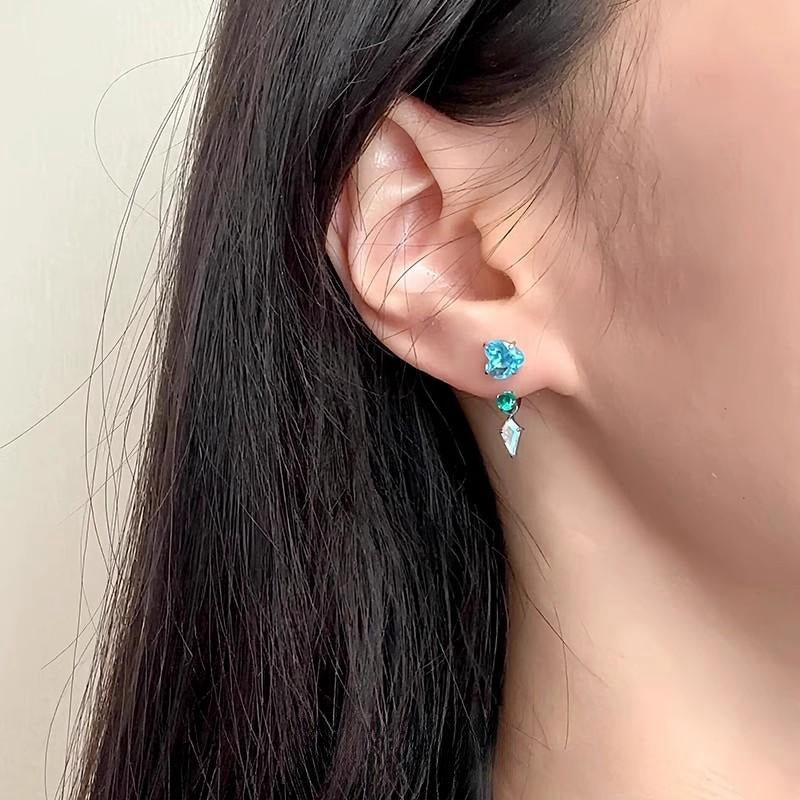 Blue Loving Heart Zircon Horseshoe Ear Light Luxury High Sense Stud Earrings