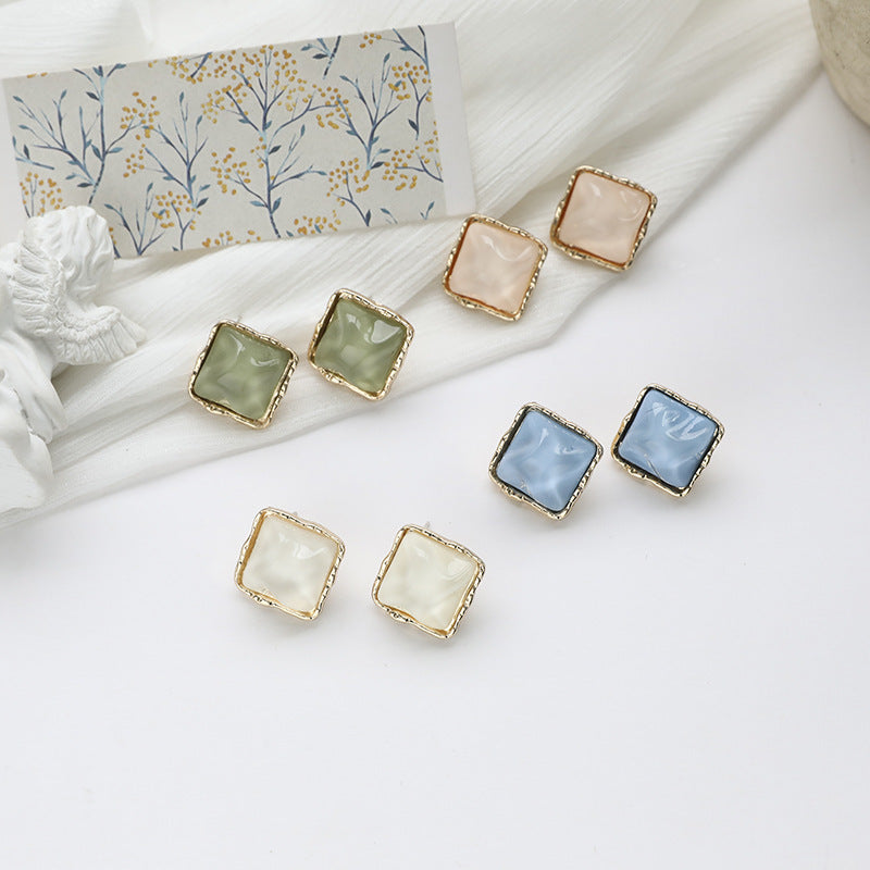 Sier Needle Simple Graceful Geometric Square Button Female Retro Light Stud Earrings