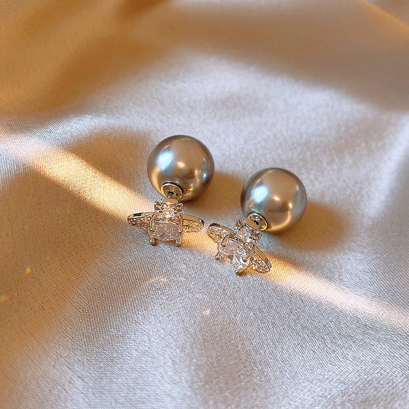 French Flash Zircon Flower Pearl Light Luxury Earrings
