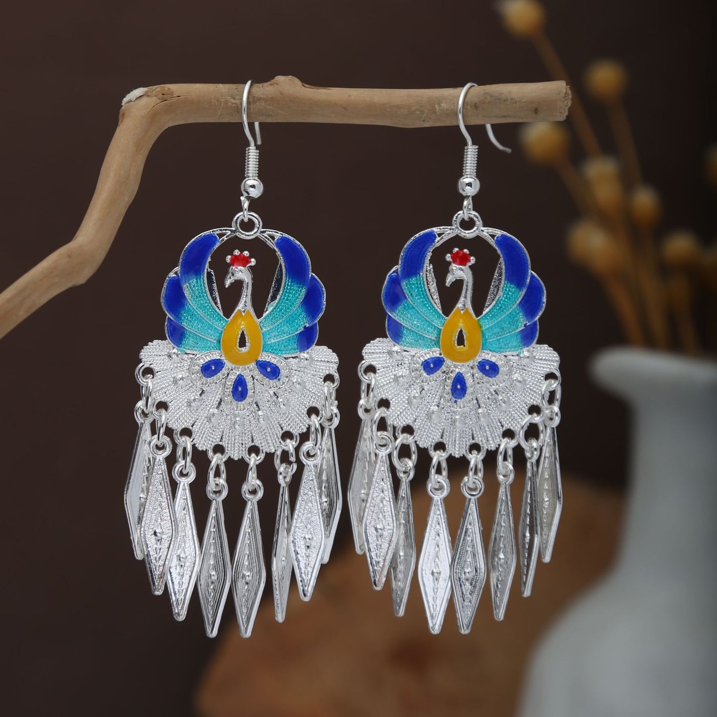Miao Sier Colorful Long Feather Tassel Rings