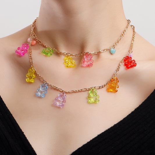 Women's Trendy Colorful Transparent Bear Love For Niche Necklace