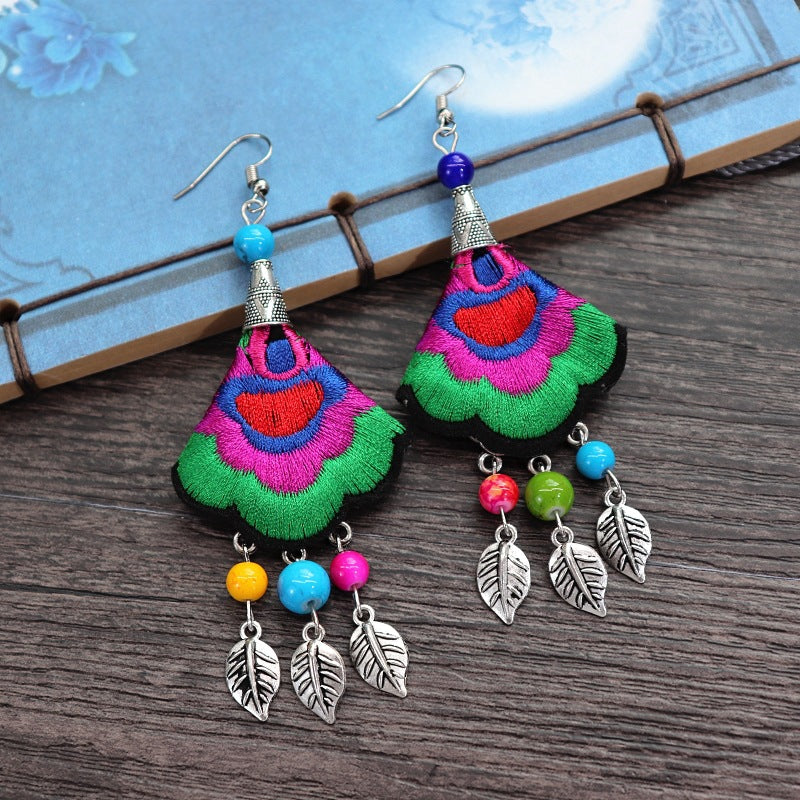 Women's Retro Ethnic Style Handmade Embroidered Fabric Long Flower Earrings