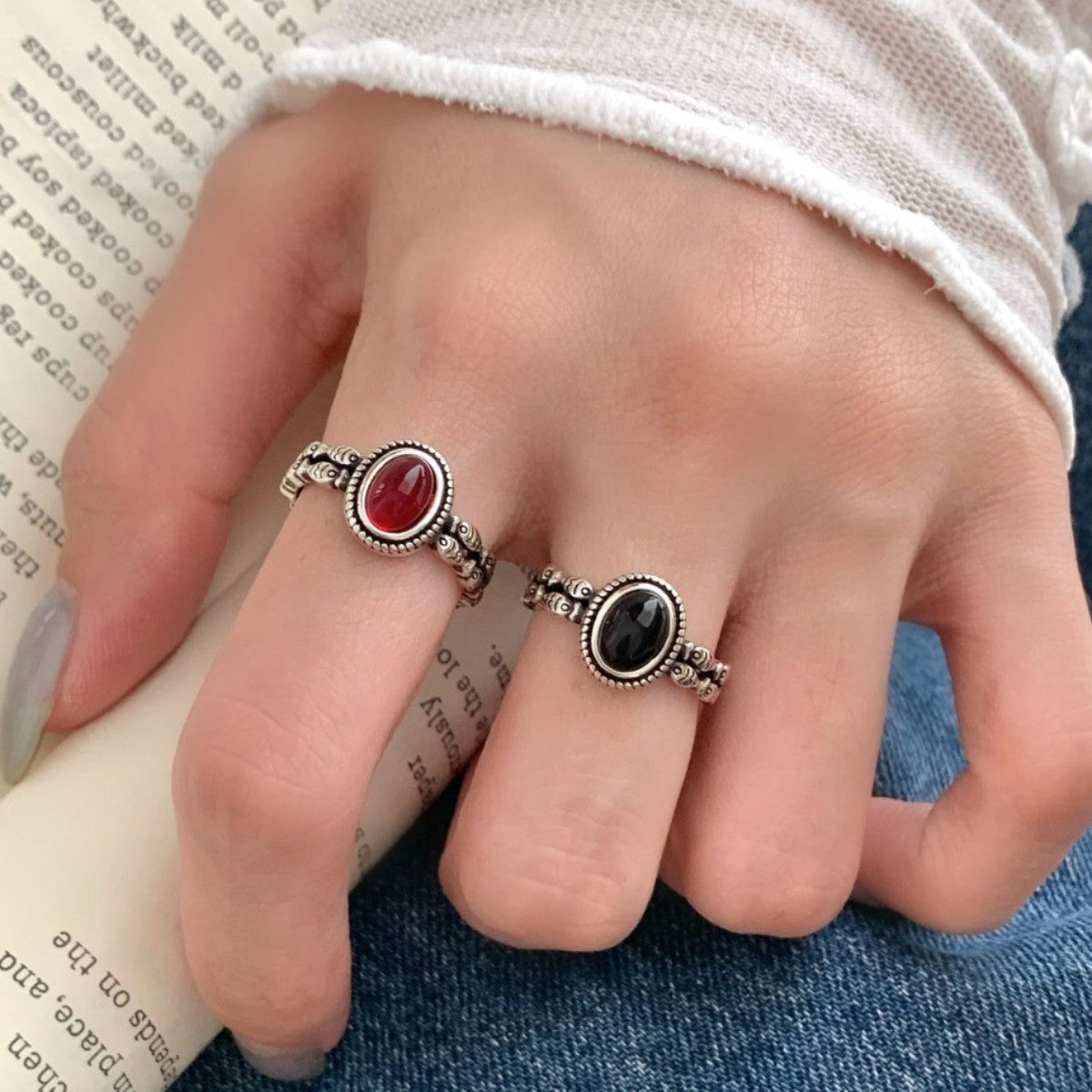 Women's Retro Yu Natural Gemstone Geometric Personalized Style Trendy Niche Ring