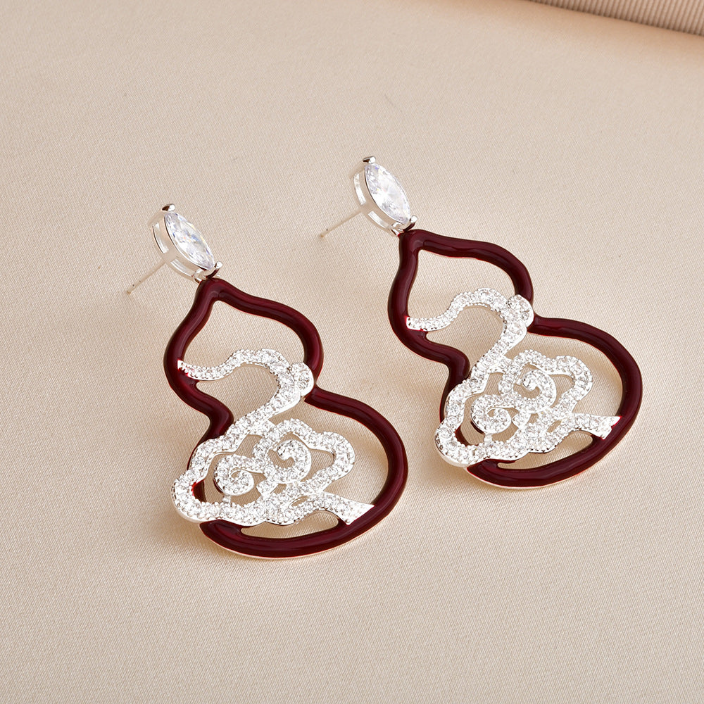 Full Diamond Auspicious Clouds Black Oil Dripping Gourd Earrings