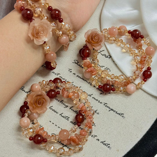 Moonlight Red Agate Champagne Chinese Sun Gravel Resin Flower Crystal Bracelet