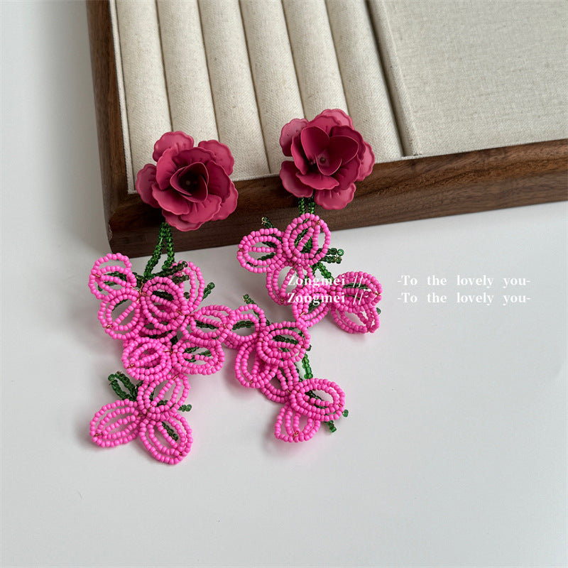 Variety Of Personality Handmade Woven Bead Flower Tassel Exaggerated Earrings