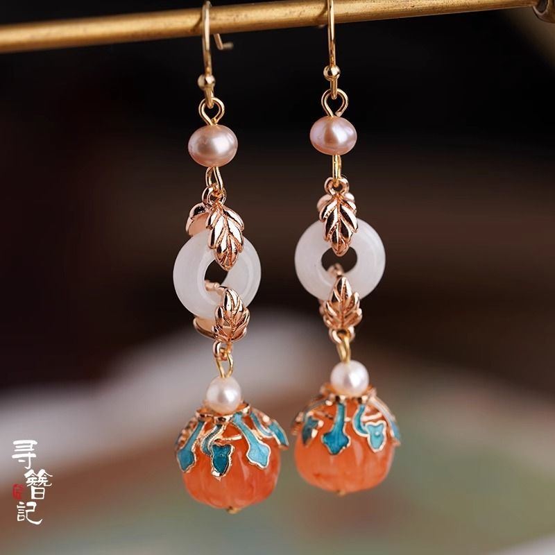 Women's Style Cheongsam Ethnic National Elegant Orange Pumpkin Pearl Ear Hook