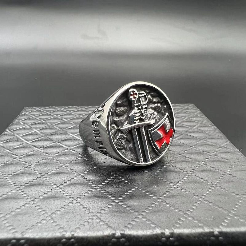 Men's Steel Templar Samurai Inscription Red Epoxy Ring
