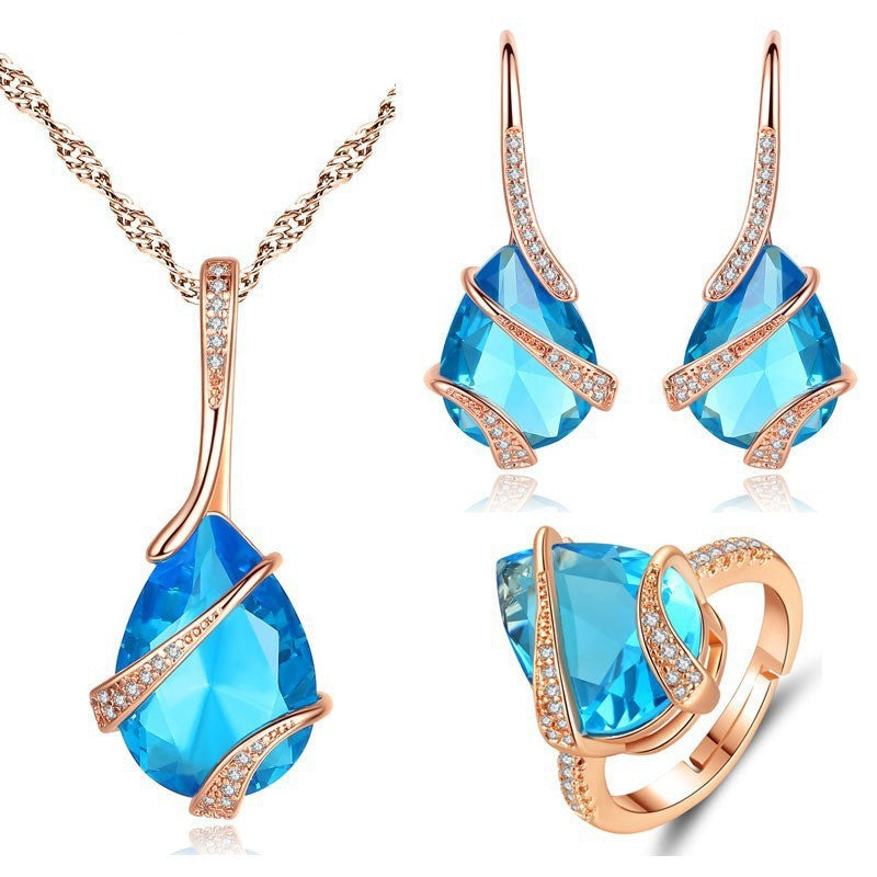 Live Broadcast Three-piece Colored Gems Ear Combination Personality Necklaces