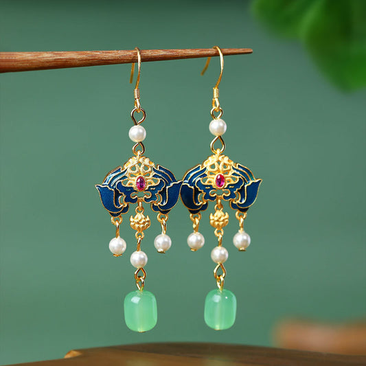 Chinese Style Antique Cloisonne Burnt Blue Lucky Life Imitation Earrings