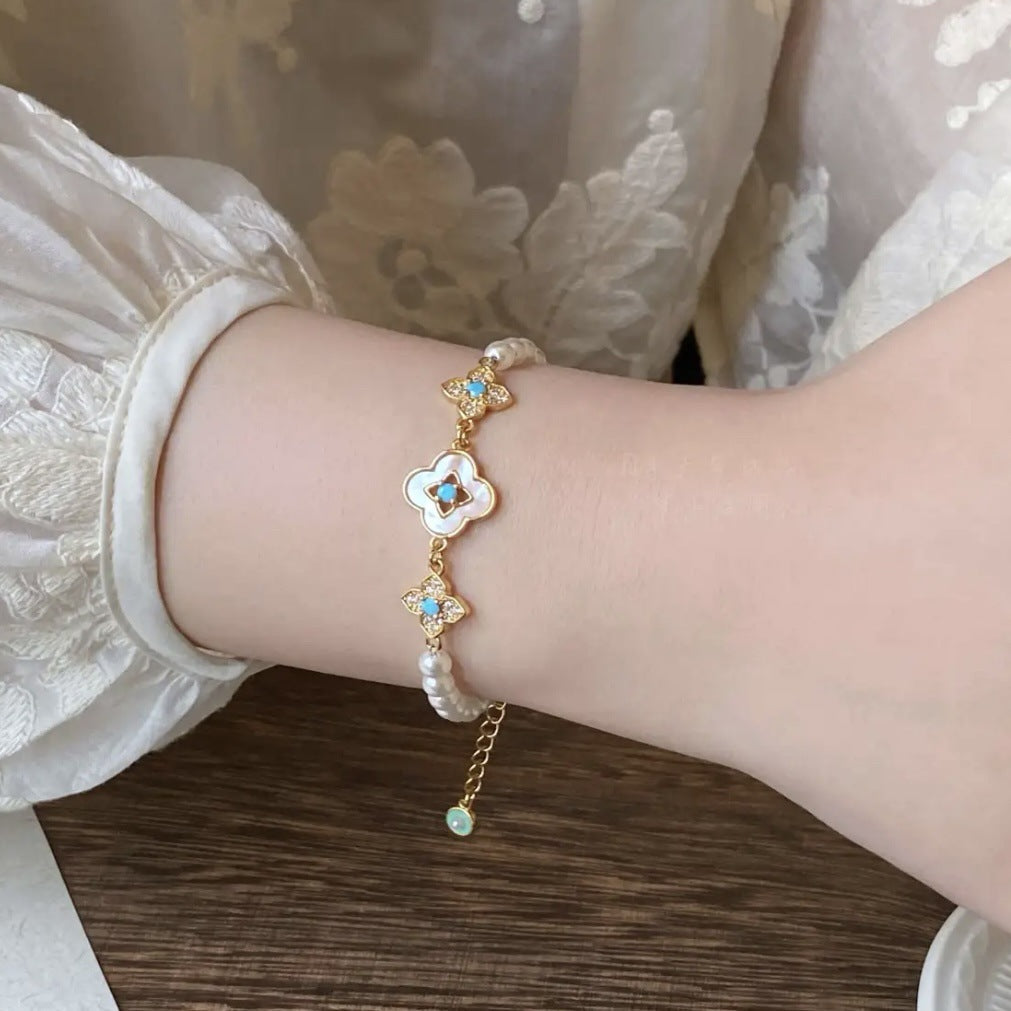 Women's Vintage Zircon Flower Pearl Light Luxury High Sense Fashion Temperament Bracelet