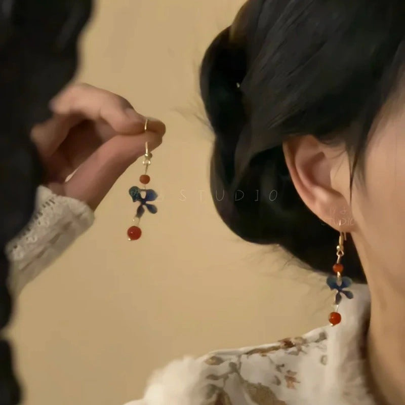 Women's Chinese Style National Burning Blue Beads Long Fringe Niche Retro Earrings