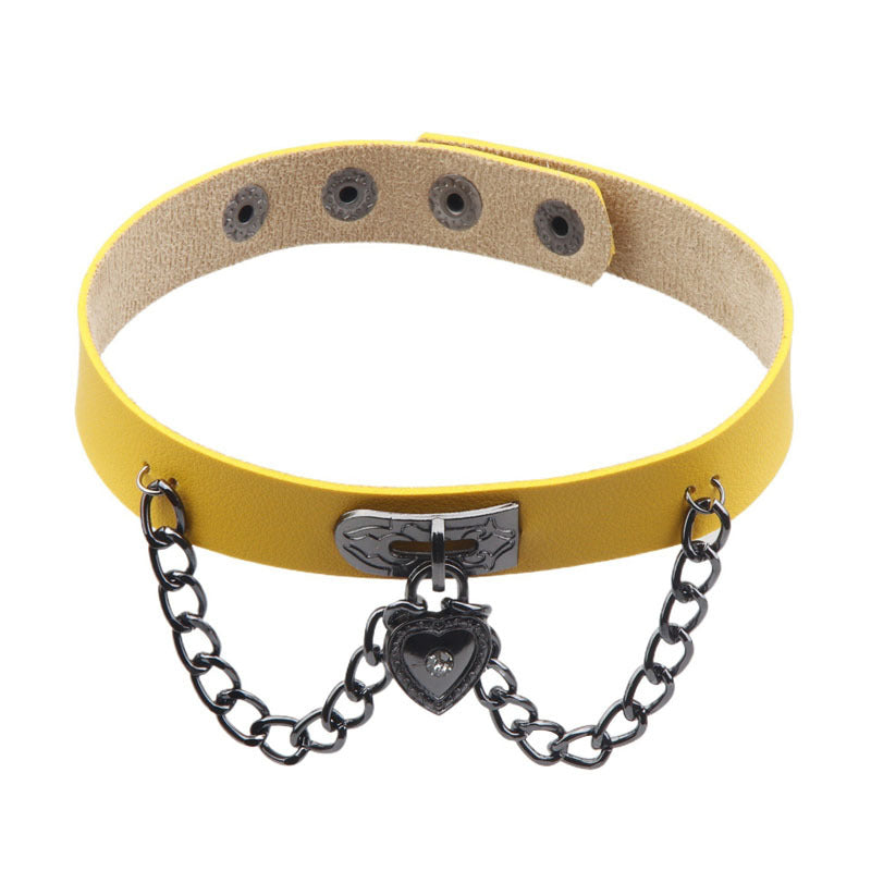Dark Punk Heart Leather Chain Neck Band Peach Style Collar