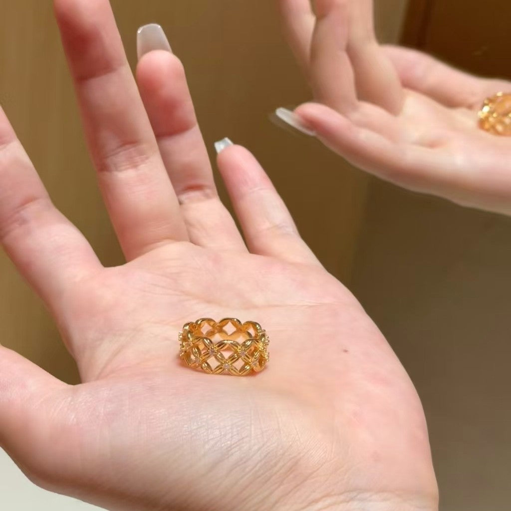 Flowers Like Brocade Four-leaf Flower Spot Drill Lace Hollow Affordable Rings