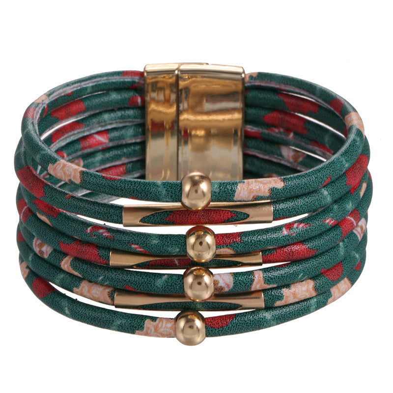 Print Magnetic Buckle Leather String Beads Rope Bracelets