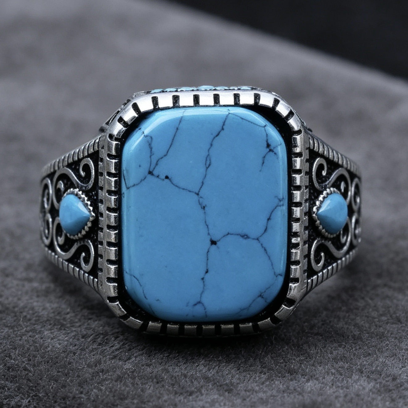 Men's Russian Turquoise Blue Diamond Retro Simple Ring
