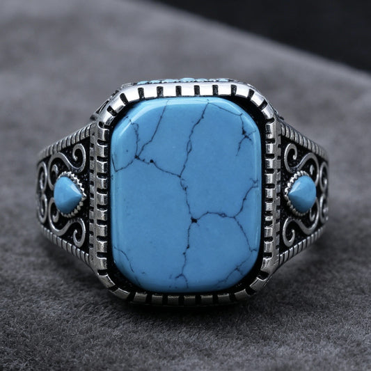 Men's Russian Turquoise Blue Diamond Retro Simple Ring