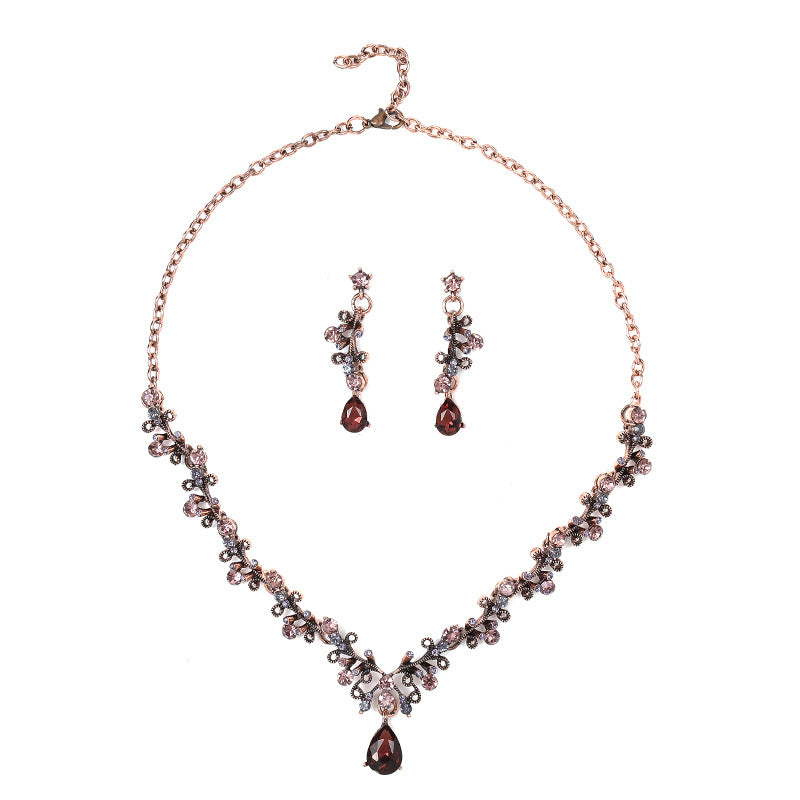Gem Clavicle Chain Female Leaf Water Drop Straight Jewelry Set