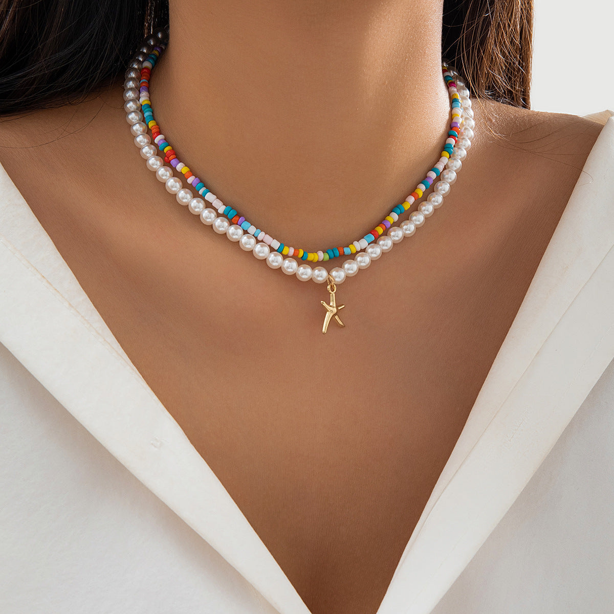 Women's Ocean Style Beads Stringed Clavicle Starfish Shell Necklaces