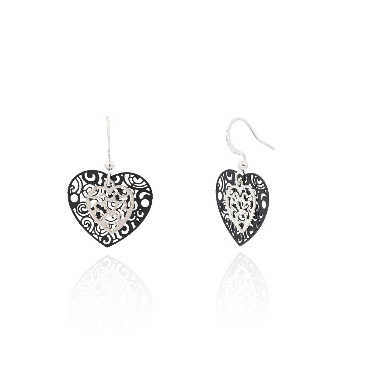 Hollow Heart-shaped Black Gold Two-tone Eardrops Stud Earrings