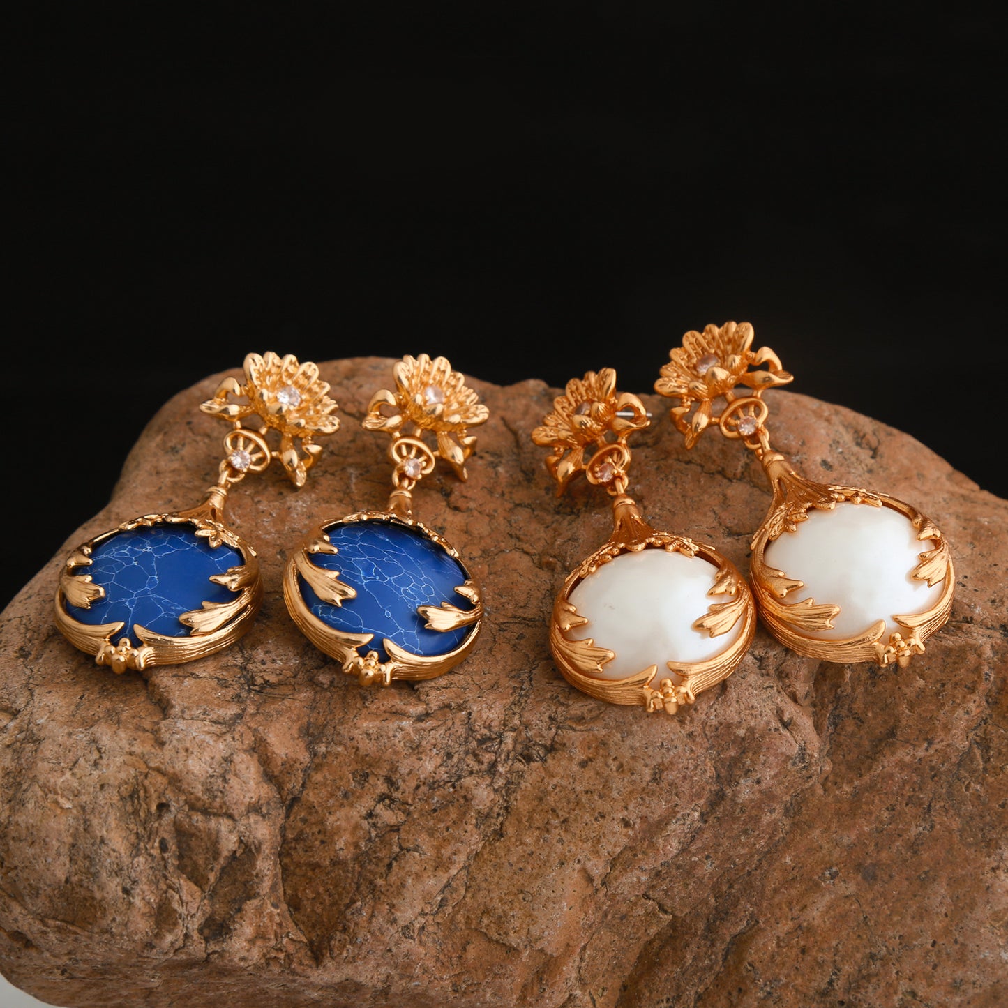 Real Gold Gaanized Enamel Diamond Retro Earrings